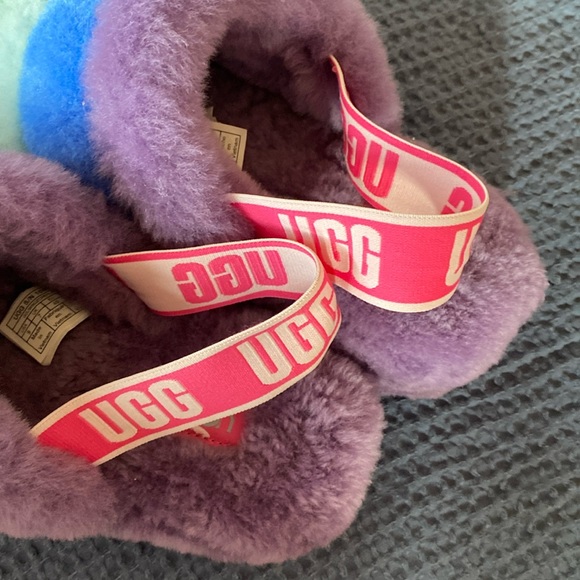 UGG Women’s Rainbow 🌈 Fluff Yeah Faux Fur Open-toe Slingback Slides Size 9 - Picture 9 of 15